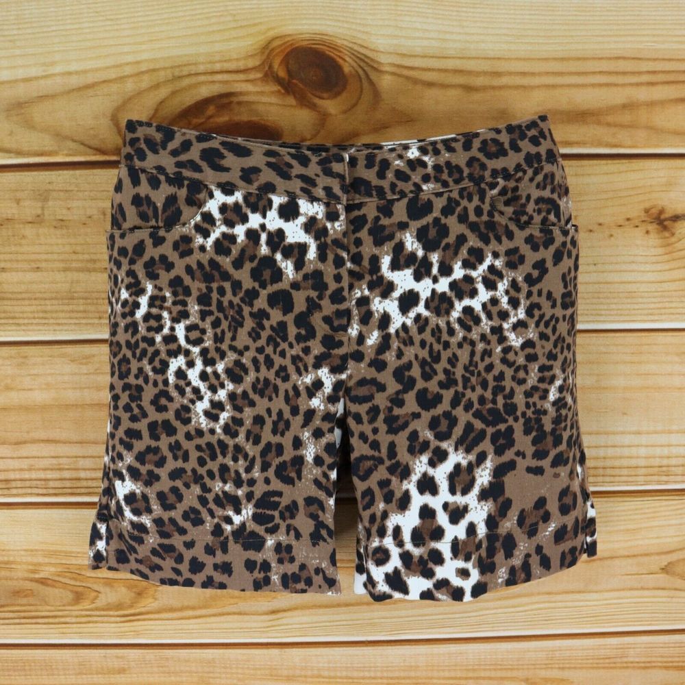 Ellen‎ Tracy Chino Shorts Womens Sz 6 Brown Animal Print Cotton Pockets Mid Rise
